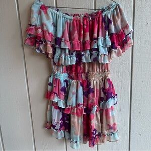 MISA Los Angeles Isella Ruffle Mini Dress Watercolor Pink and Blue Size M